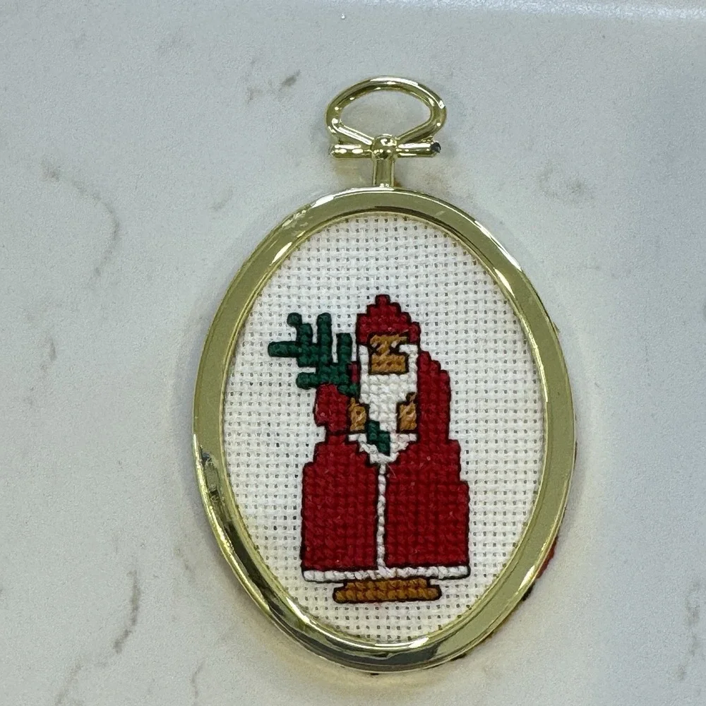 Vtg Cross Stitch Christmas Ornaments Cottage Core Gold Framed Santa Americana